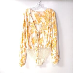 Free People Intimately Forties Feel Bodysuit in Ivory Combo Yellow Print Size S